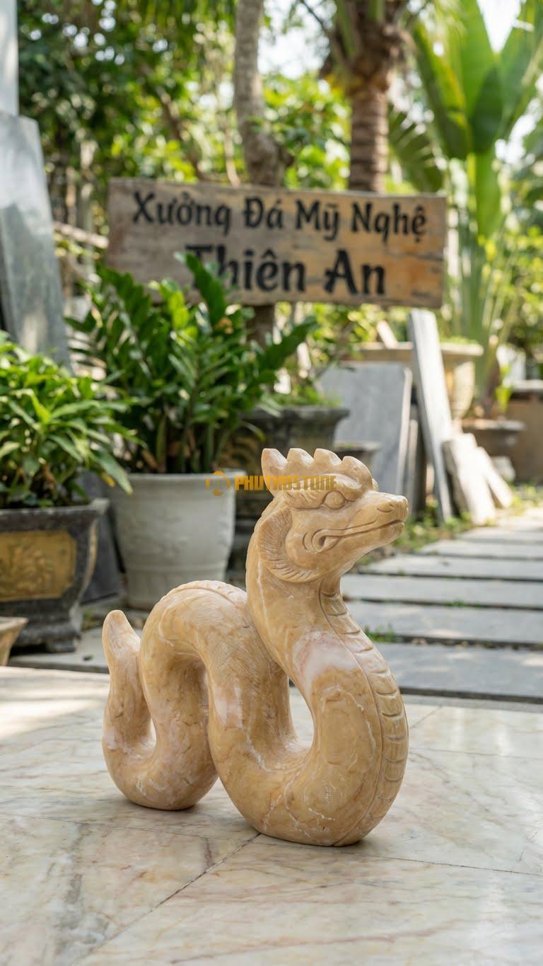 Xà Vương (Rắn Có Mào) Bằng Đá Vàng Nghệ An, Kiểu Dáng Linh Vật Tâm Linh. Kích Thước Cao 30cm.