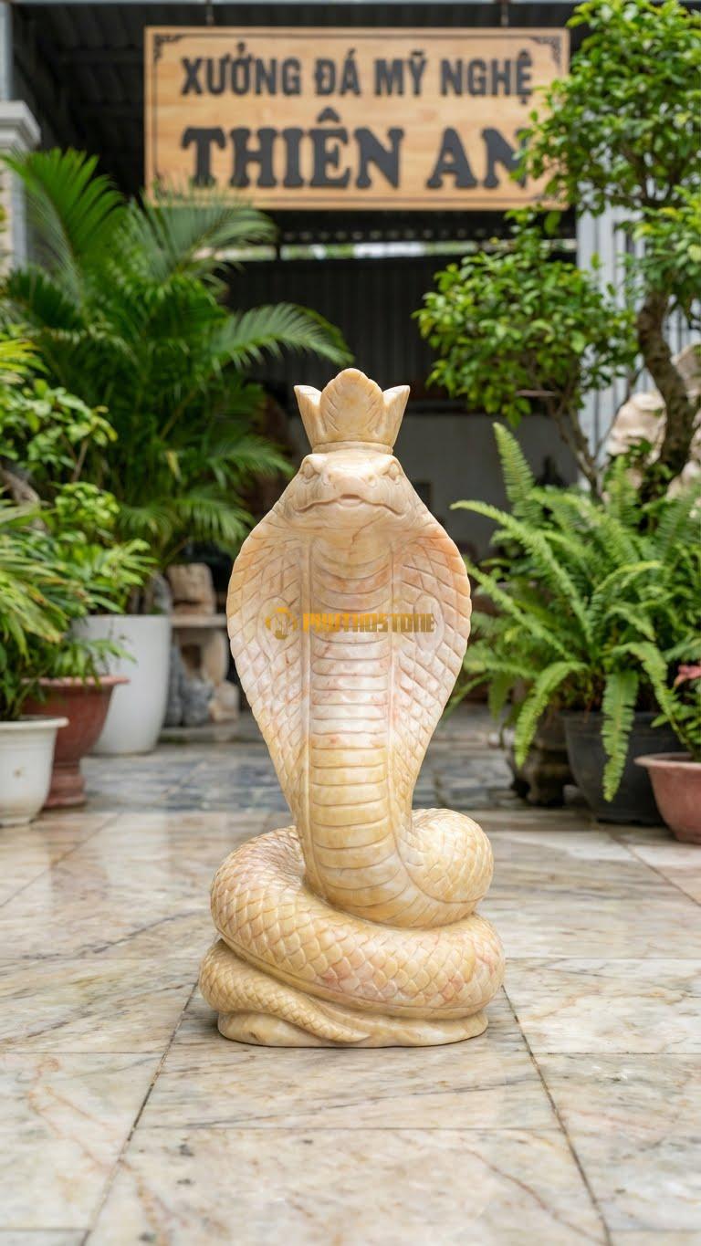 Xà Vương (Rắn Có Mào) Bằng Đá Vàng Nghệ An, Kiểu Dáng Linh Vật Tâm Linh. Kích Thước Cao 30cm.