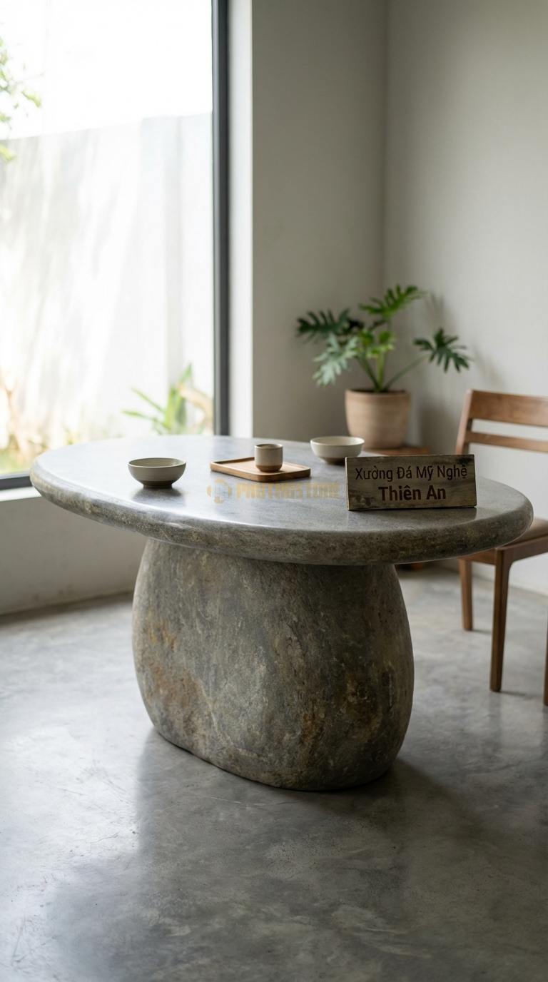 Bàn Ăn Mặt Đá Tinh Tế Đá Cuội Bàn Ăn Oval: Dáng hình bầu dục giúp tối ưu không gian 160cm x 85cm x 75cm