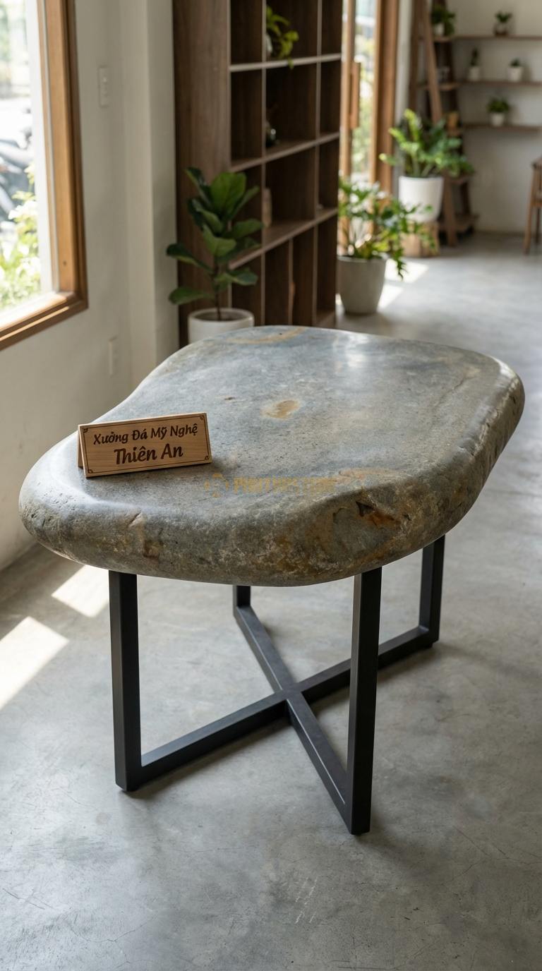 Bàn Ăn Mặt Đá Tinh Tế Đá Cuội Chân X Hiện Đại: Mặt đá trắng mờ, chân sắt hộp chữ X 160cm x 90cm x 75cm