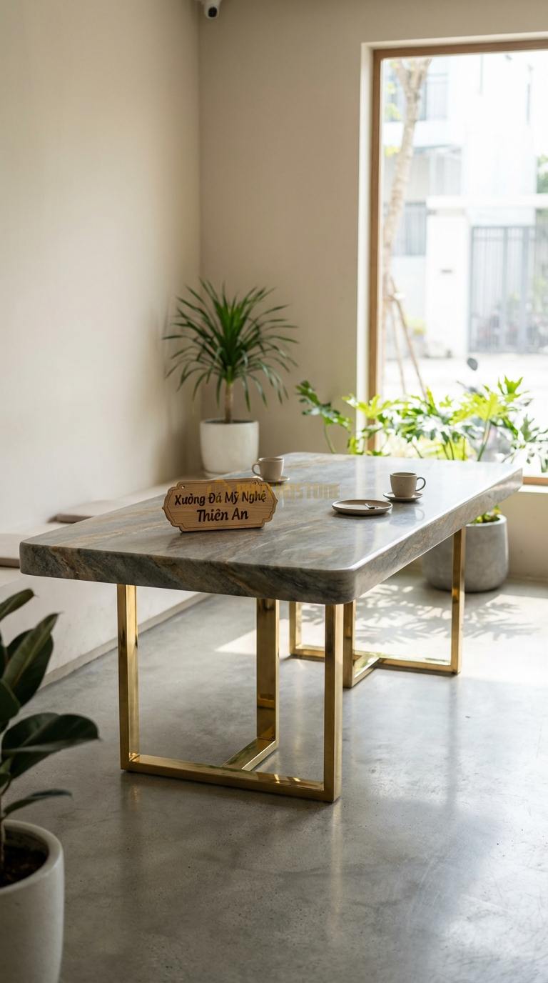 Bàn Ăn Mặt Đá Tinh Tế Đá Cuội Hoàng Gia: Mặt hình chữ nhật, chân inox mạ vàng gương 180cm x 90cm x 75cm