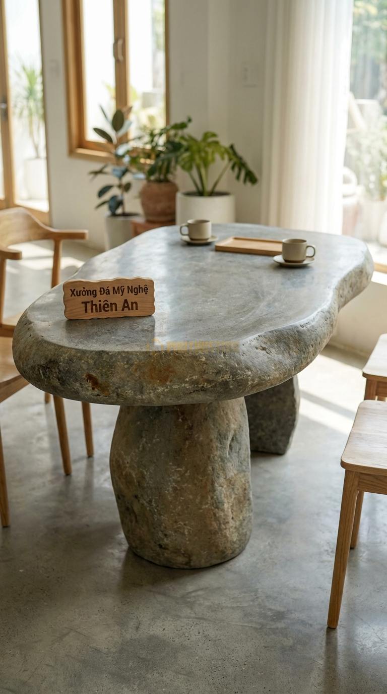 Bàn Ăn Mặt Đá Tinh Tế Đá Cuội Minism: Mặt đá siêu mỏng kết hợp khung nhôm thanh mảnh 140cm x 80cm x 75cm