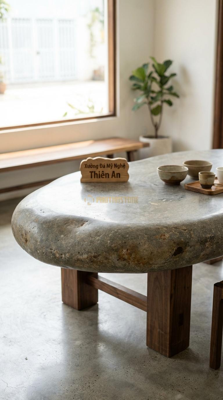 Bàn Ăn Mặt Đá Tinh Tế Đá Cuội Vân Vũ: Mặt đá nguyên khối dày 3cm, chân gỗ óc chó lớn 220cm x 100cm x 75cm