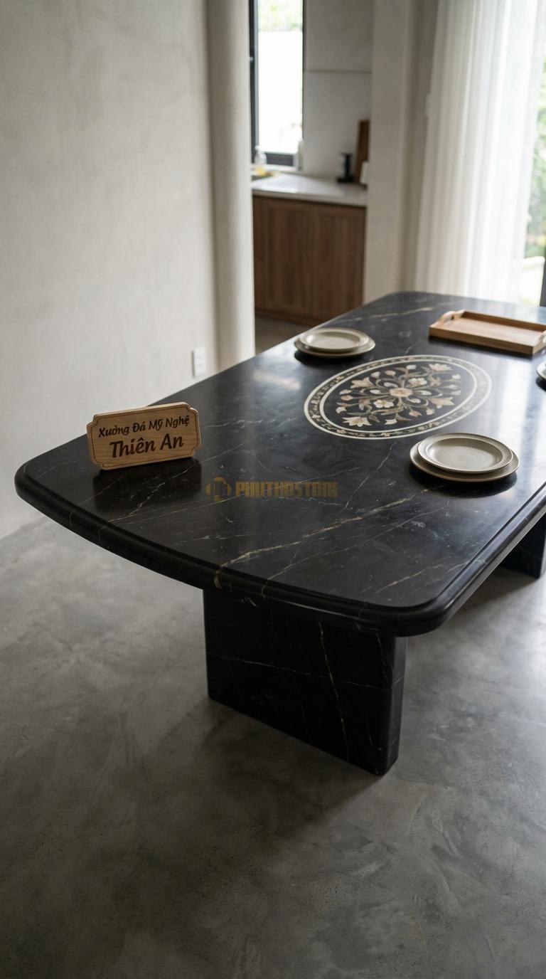 Bàn Ăn Mặt Đá Tinh Tế Đá Đen Chỉ Nâu Tân Cổ Điển: Mặt đá khảm họa tiết hoa văn ở giữa bàn 180cm x 90cm x 75cm