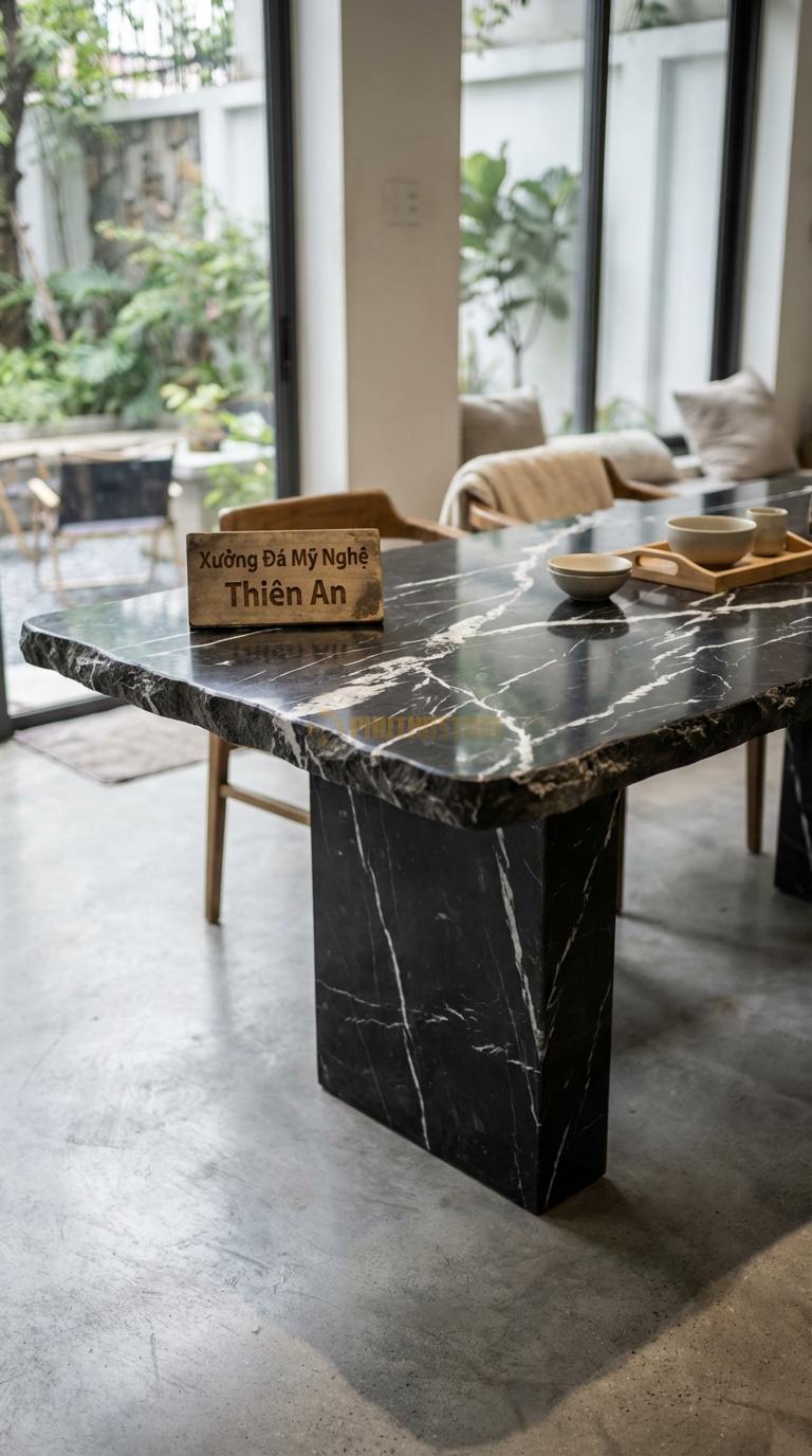 Bàn Ăn Mặt Đá Tinh Tế Đá Đen Tia Chớp Bàn Ăn Cạnh Tự Nhiên: Giữ nguyên đường uốn lượn thô của rìa đá 200cm x 95cm x 75cm