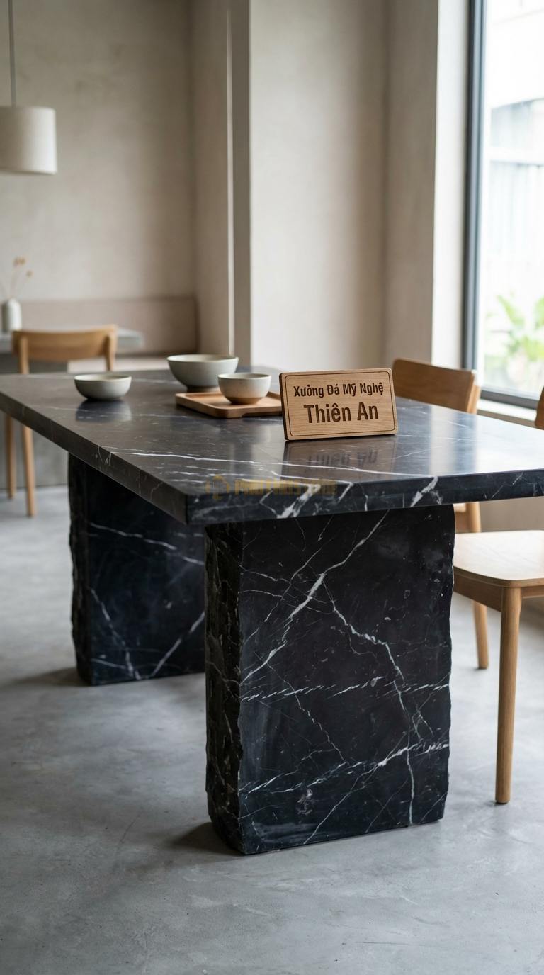 Bàn Ăn Mặt Đá Tinh Tế Đá Đen Tia Chớp Chân X Hiện Đại: Mặt đá trắng mờ, chân sắt hộp chữ X 160cm x 90cm x 75cm