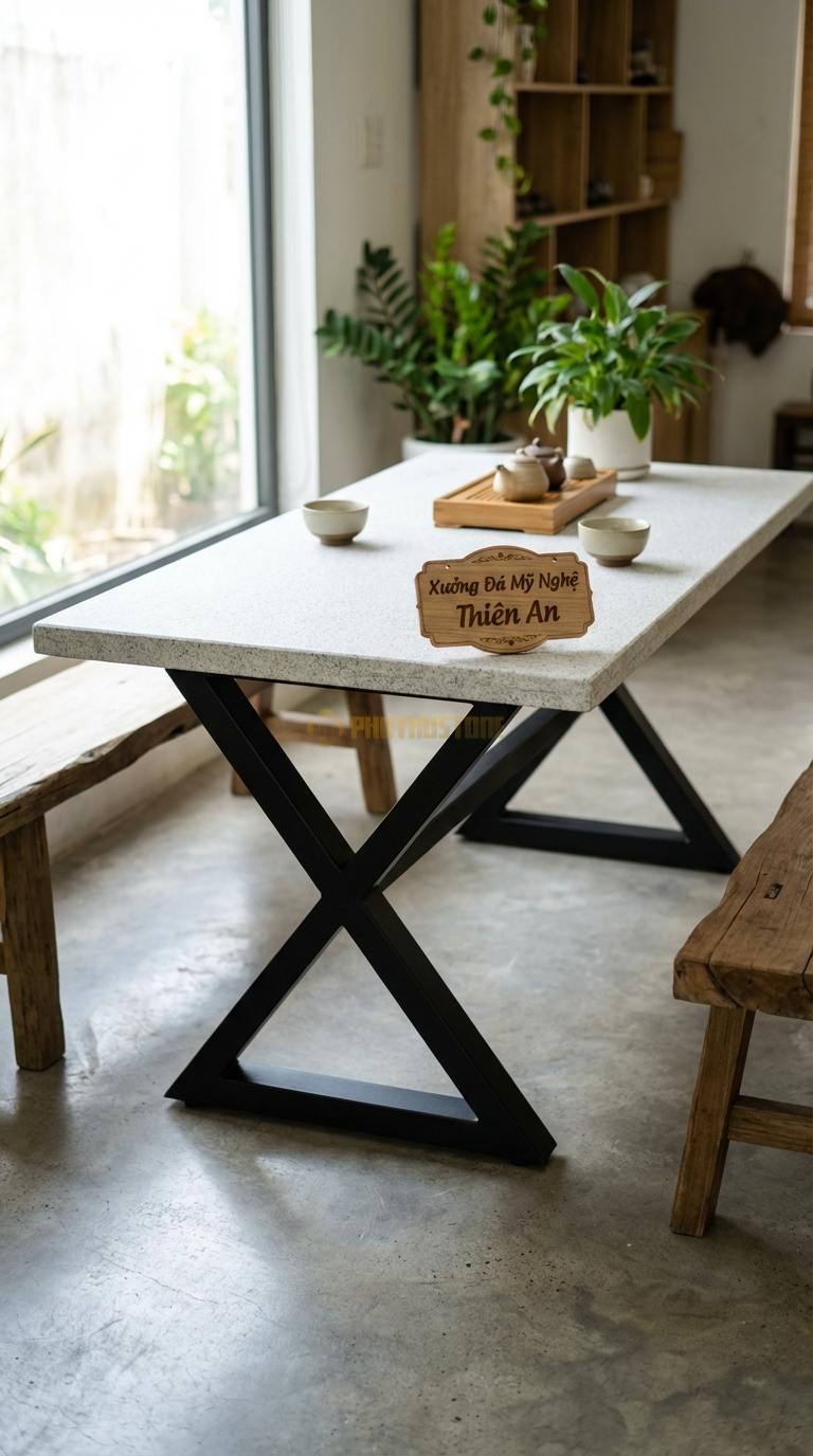 Bàn Ăn Mặt Đá Tinh Tế Đá Granite Chân X Hiện Đại: Mặt đá trắng mờ, chân sắt hộp chữ X 160cm x 90cm x 75cm