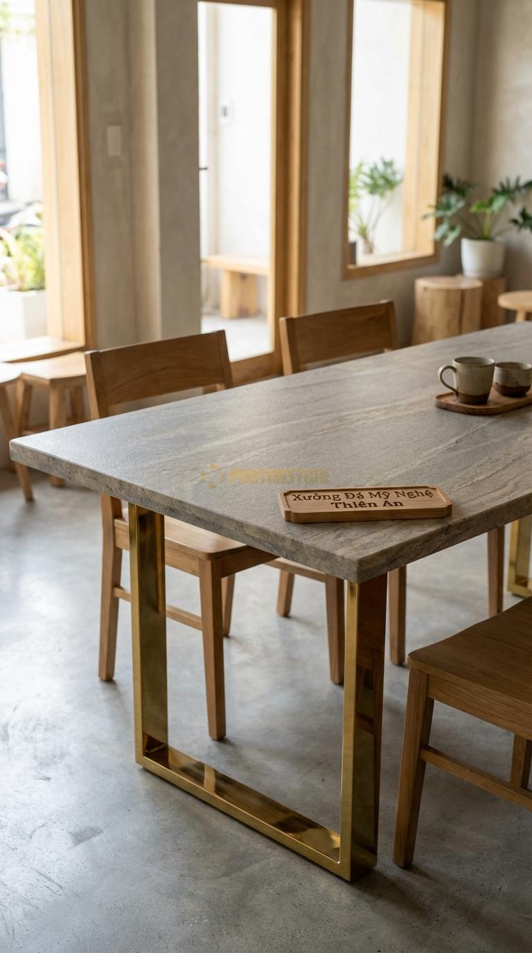 Bàn Ăn Mặt Đá Tinh Tế Đá Granite Hoàng Gia: Mặt hình chữ nhật, chân inox mạ vàng gương 180cm x 90cm x 75cm