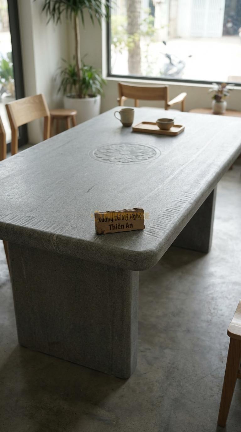 Bàn Ăn Mặt Đá Tinh Tế Đá Granite Tân Cổ Điển: Mặt đá khảm họa tiết hoa văn ở giữa bàn 180cm x 90cm x 75cm