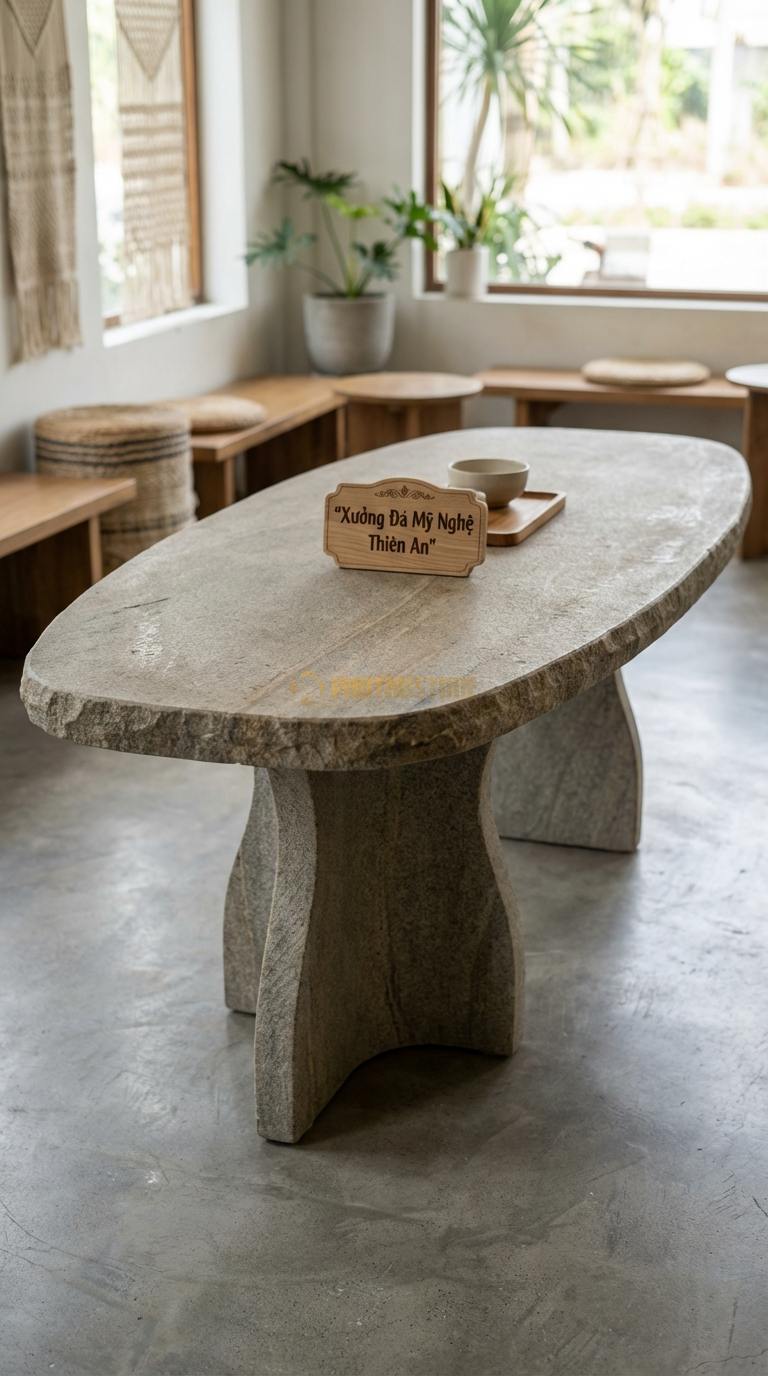 Bàn Ăn Mặt Đá Tinh Tế Đá Granite Thuyền Rồng: Mặt bàn thuôn dài, chân bàn uốn cong điêu khắc 240cm x 110cm x 75cm