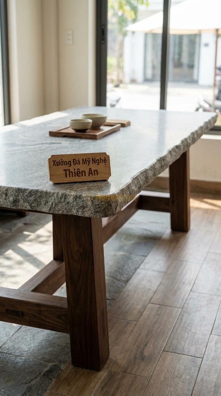 Bàn Ăn Mặt Đá Tinh Tế Đá Granite Vân Vũ: Mặt đá nguyên khối dày 3cm, chân gỗ óc chó lớn 220cm x 100cm x 75cm
