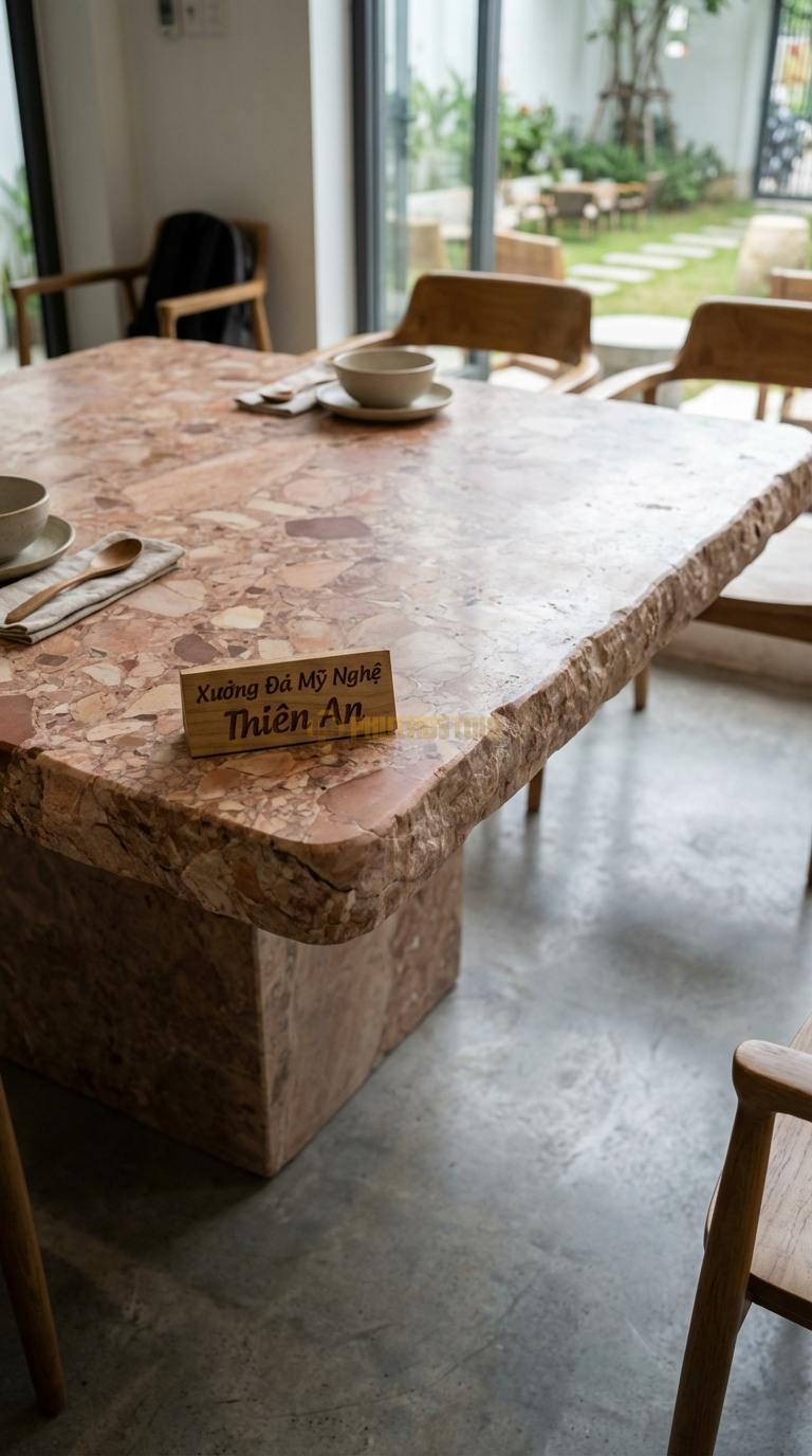 Bàn Ăn Mặt Đá Tinh Tế Đá Hồng Vuông Tròn: Bàn vuông lớn phù hợp cho không gian bếp rộng 120cm x 120cm x 75cm