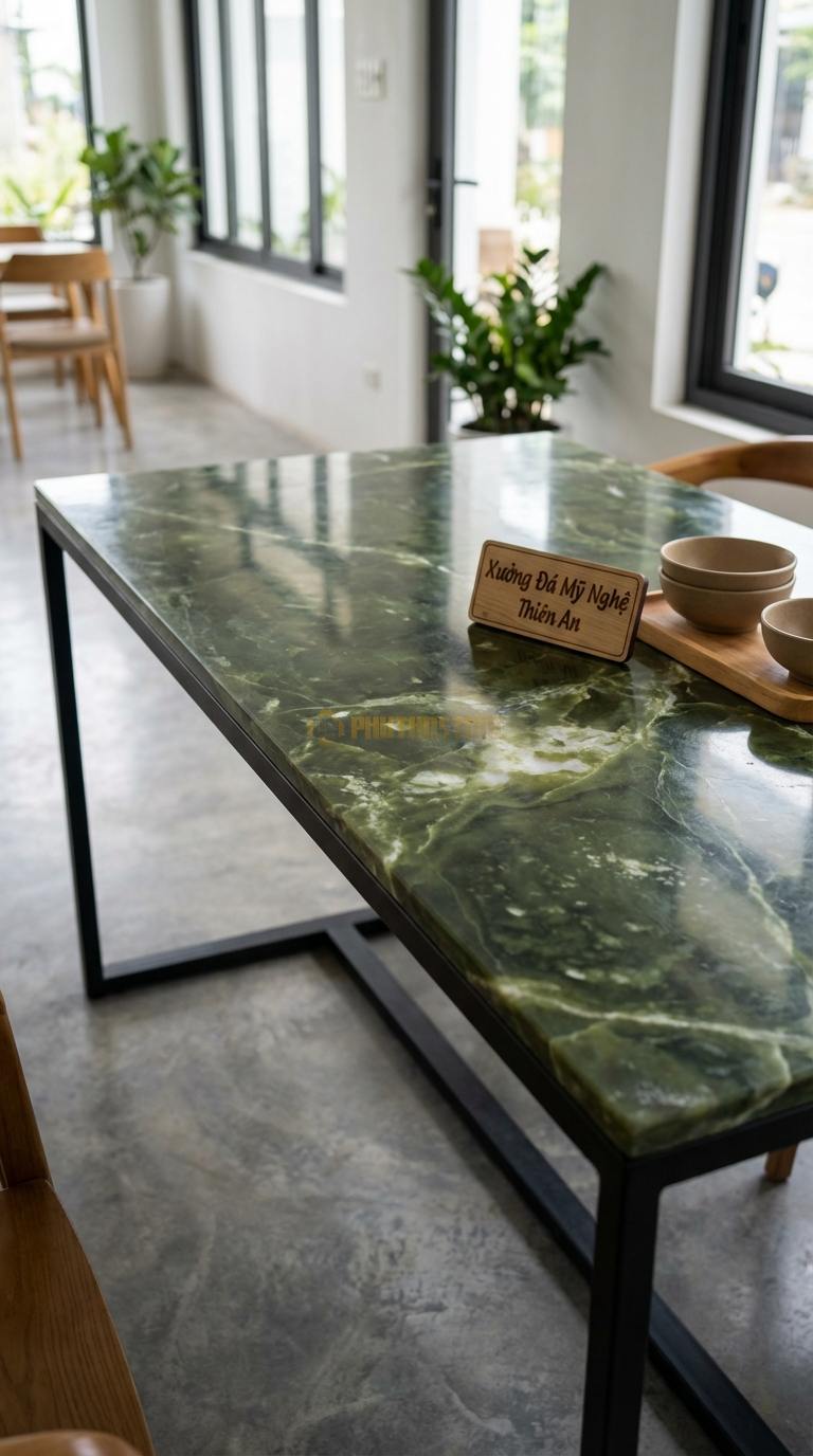 Bàn Ăn Mặt Đá Tinh Tế Đá Serpentine Minism: Mặt đá siêu mỏng kết hợp khung nhôm thanh mảnh 140cm x 80cm x 75cm