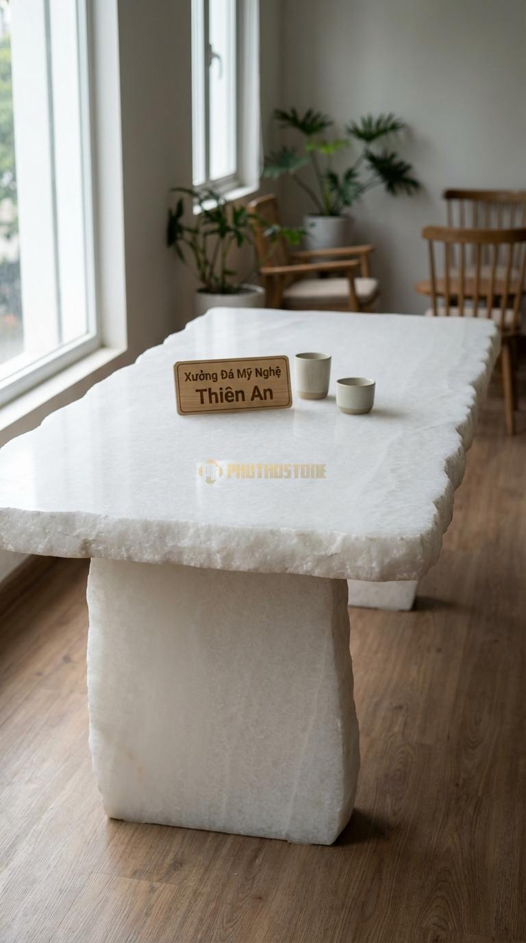 Bàn Ăn Mặt Đá Tinh Tế Đá Trắng Muối Bàn Ăn Cạnh Tự Nhiên: Giữ nguyên đường uốn lượn thô của rìa đá 200cm x 95cm x 75cm