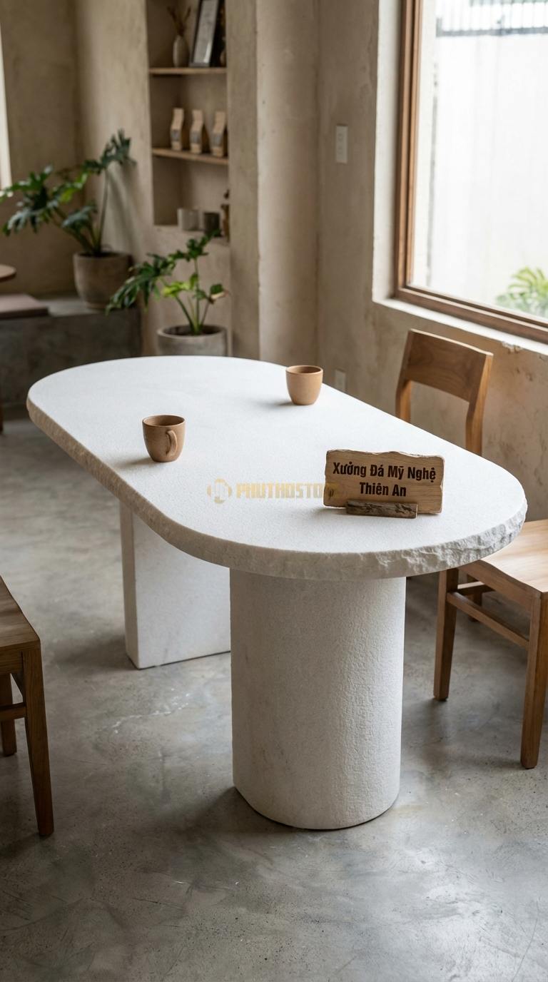 Bàn Ăn Mặt Đá Tinh Tế Đá Trắng Muối Bàn Ăn Oval: Dáng hình bầu dục giúp tối ưu không gian 160cm x 85cm x 75cm