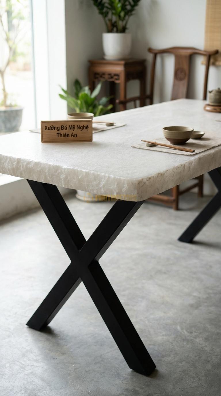 Bàn Ăn Mặt Đá Tinh Tế Đá Trắng Muối Chân X Hiện Đại: Mặt đá trắng mờ, chân sắt hộp chữ X 160cm x 90cm x 75cm