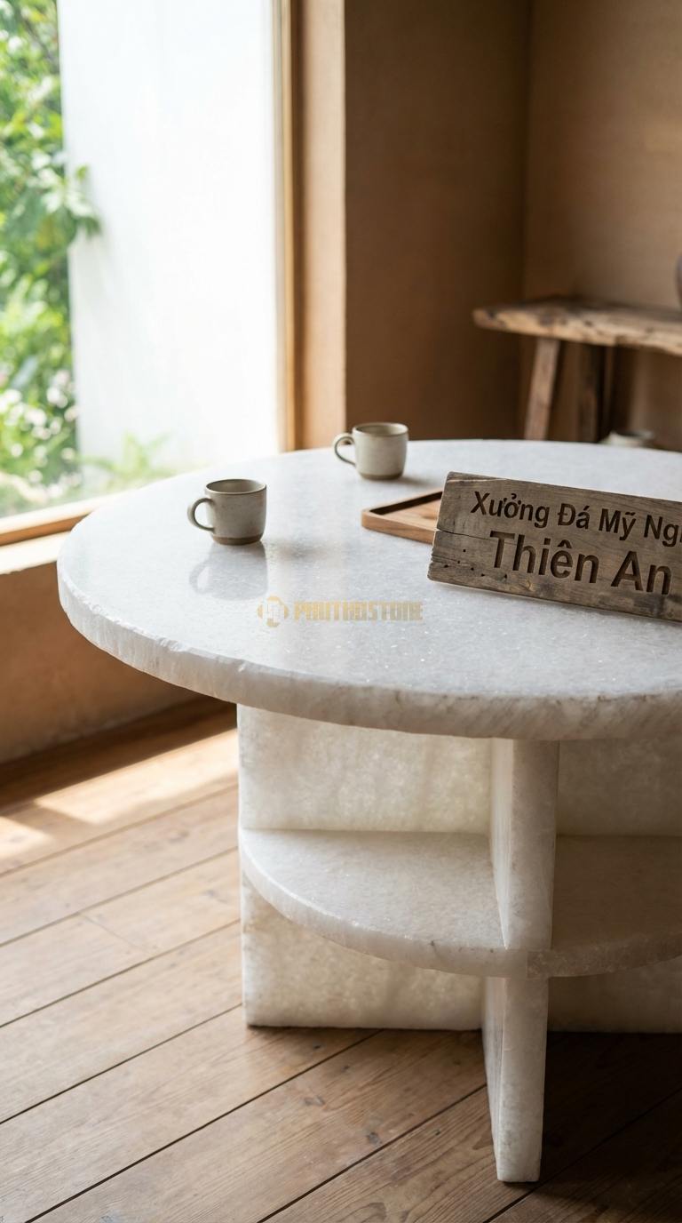 Bàn Ăn Mặt Đá Tinh Tế Đá Trắng Muối Gia Đình Sung Túc: Mặt bàn tròn xoay hai tầng đá ĐK tầng chính 130cm x Cao 75cm