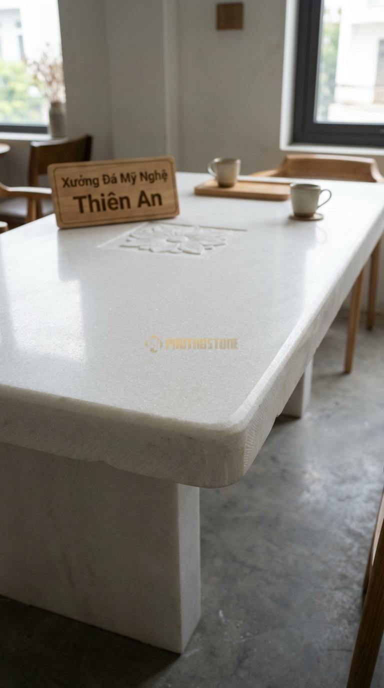 Bàn Ăn Mặt Đá Tinh Tế Đá Trắng Muối Tân Cổ Điển: Mặt đá khảm họa tiết hoa văn ở giữa bàn 180cm x 90cm x 75cm