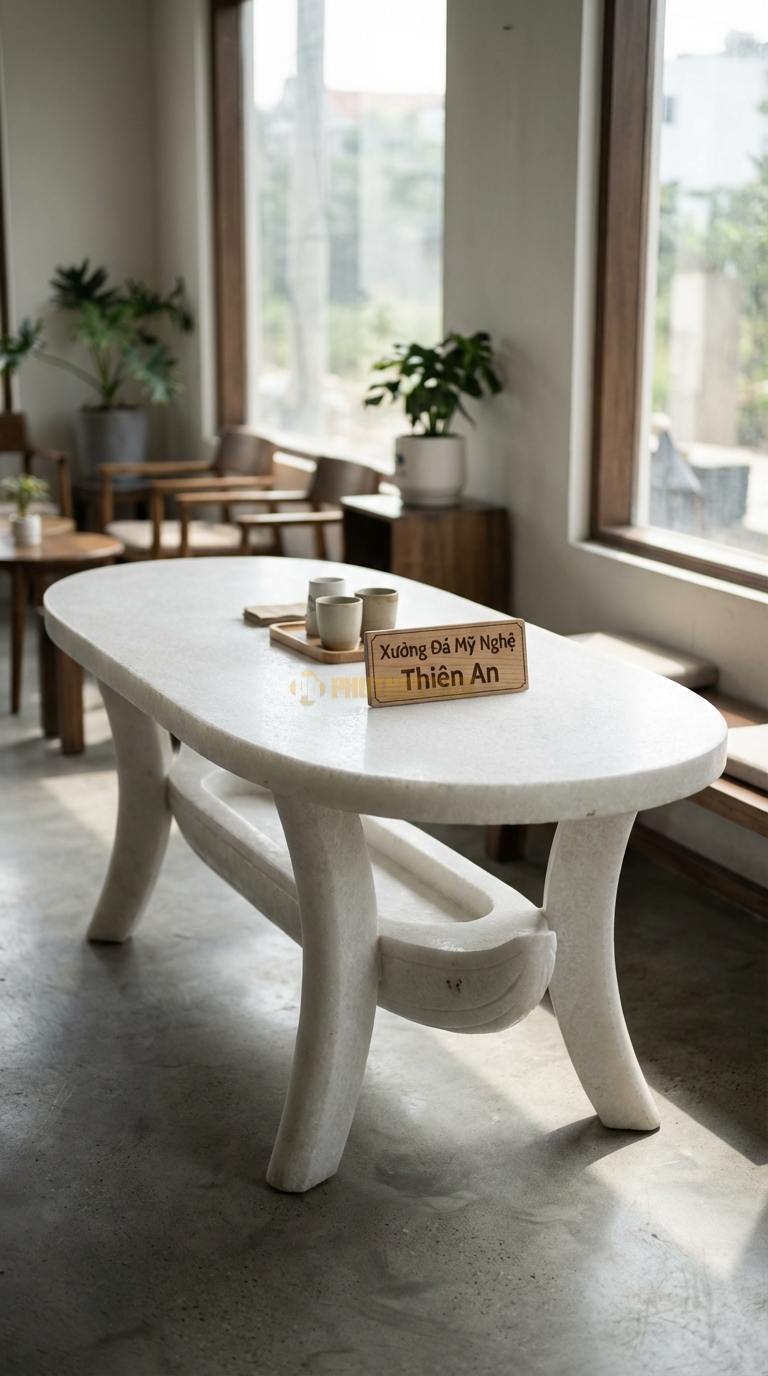Bàn Ăn Mặt Đá Tinh Tế Đá Trắng Muối Thuyền Rồng: Mặt bàn thuôn dài, chân bàn uốn cong điêu khắc 240cm x 110cm x 75cm