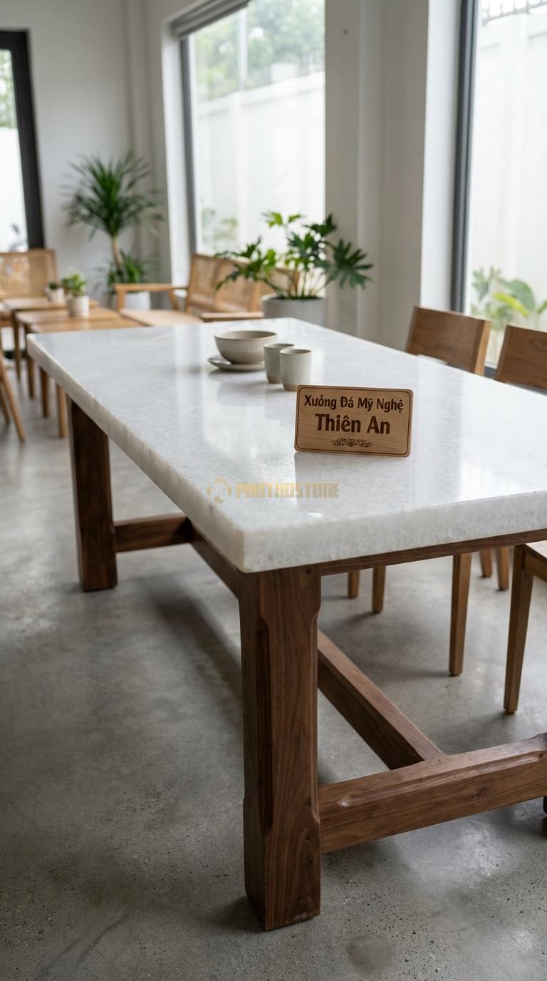 Bàn Ăn Mặt Đá Tinh Tế Đá Trắng Muối Vân Vũ: Mặt đá nguyên khối dày 3cm, chân gỗ óc chó lớn 220cm x 100cm x 75cm