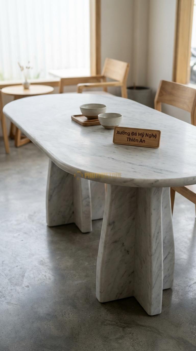 Bàn Ăn Mặt Đá Tinh Tế Đá Trắng Yên Bái Bàn Ăn Oval: Dáng hình bầu dục giúp tối ưu không gian 160cm x 85cm x 75cm