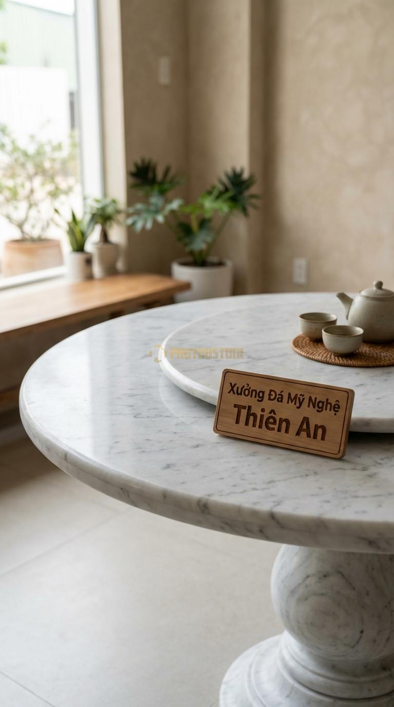 Bàn Ăn Mặt Đá Tinh Tế Đá Trắng Yên Bái Gia Đình Sung Túc: Mặt bàn tròn xoay hai tầng đá ĐK tầng chính 130cm x Cao 75cm