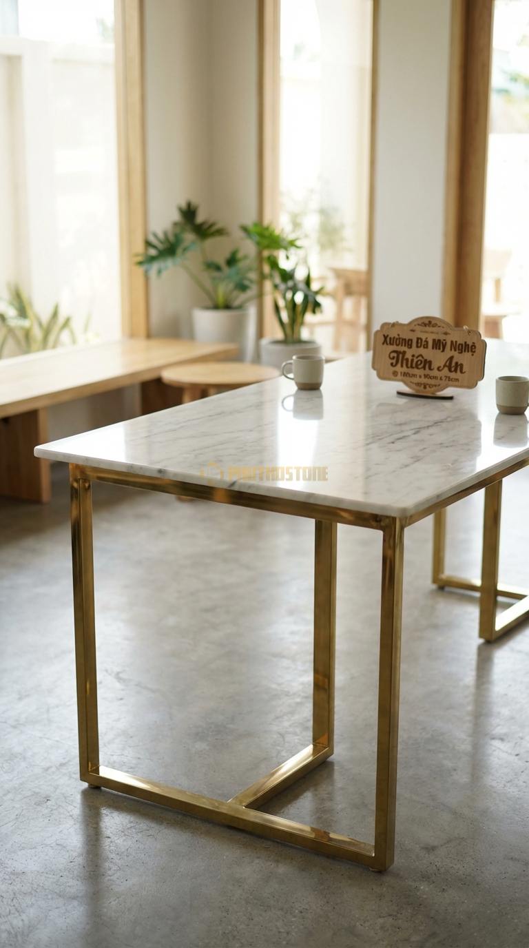 Bàn Ăn Mặt Đá Tinh Tế Đá Trắng Yên Bái Hoàng Gia: Mặt hình chữ nhật, chân inox mạ vàng gương 180cm x 90cm x 75cm