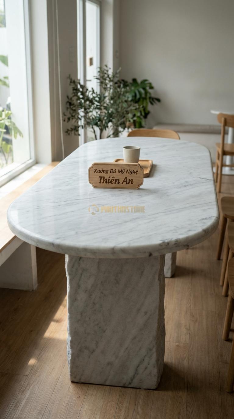 Bàn Ăn Mặt Đá Tinh Tế Đá Trắng Yên Bái Minism: Mặt đá siêu mỏng kết hợp khung nhôm thanh mảnh 140cm x 80cm x 75cm