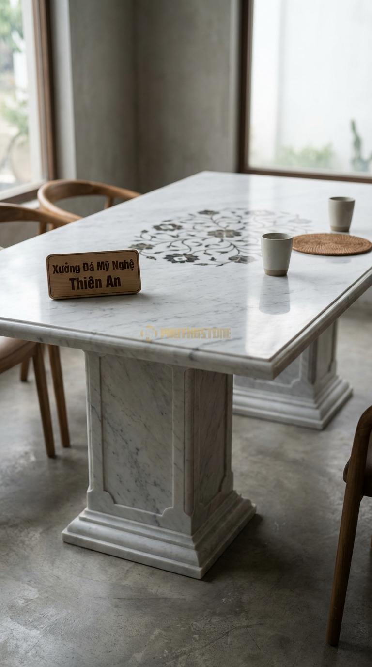 Bàn Ăn Mặt Đá Tinh Tế Đá Trắng Yên Bái Tân Cổ Điển: Mặt đá khảm họa tiết hoa văn ở giữa bàn 180cm x 90cm x 75cm