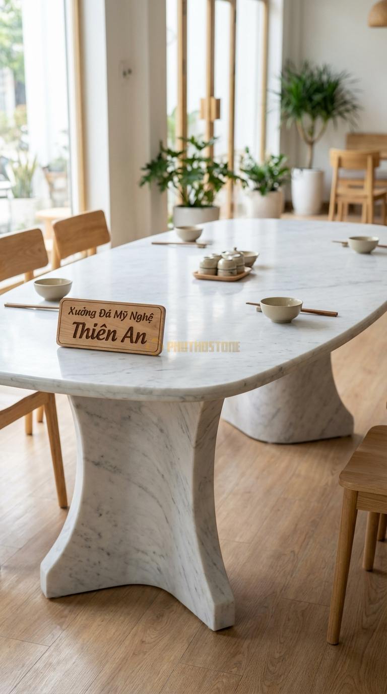Bàn Ăn Mặt Đá Tinh Tế Đá Trắng Yên Bái Thuyền Rồng: Mặt bàn thuôn dài, chân bàn uốn cong điêu khắc 240cm x 110cm x 75cm