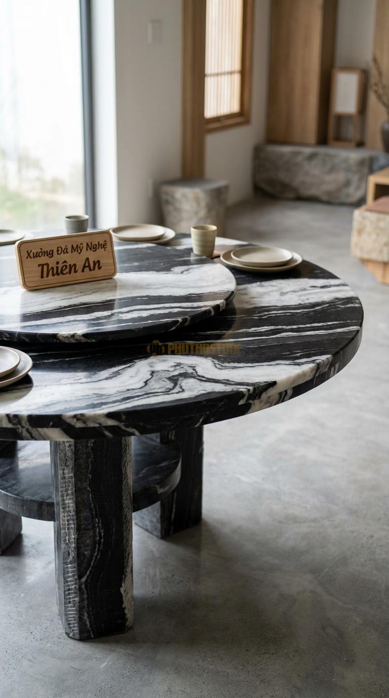 Bàn Ăn Mặt Đá Tinh Tế Đá Tuyết Sơn Gia Đình Sung Túc: Mặt bàn tròn xoay hai tầng đá ĐK tầng chính 130cm x Cao 75cm