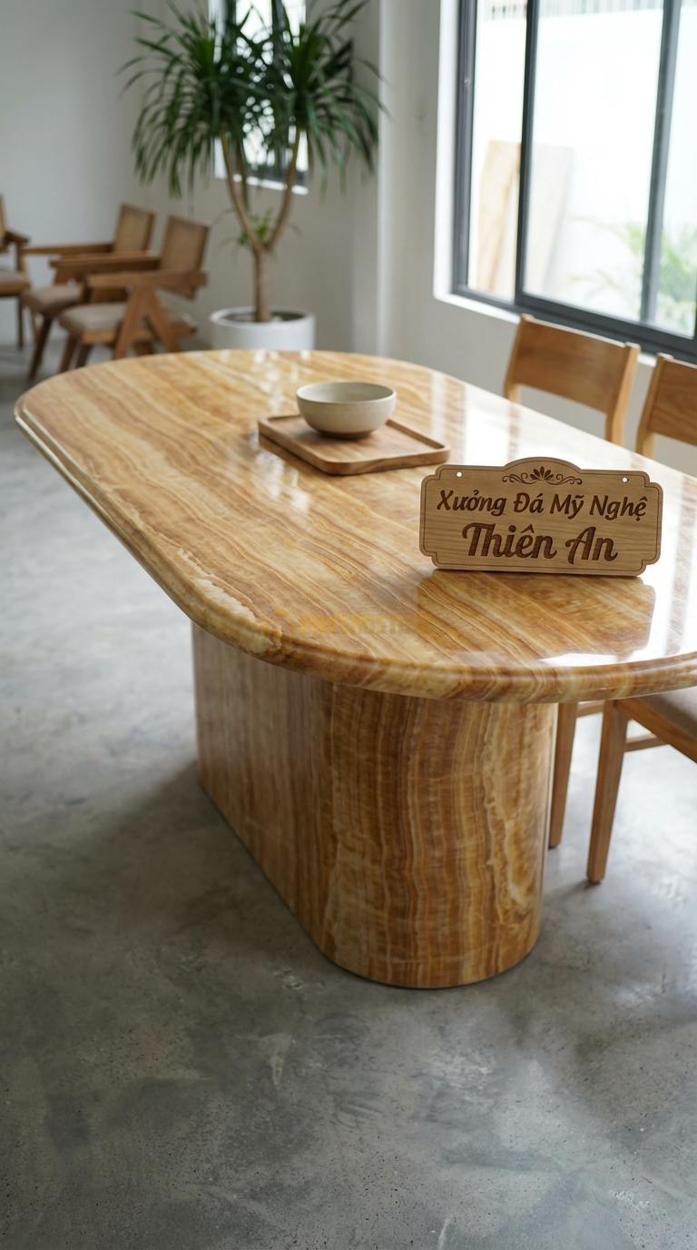 Bàn Ăn Mặt Đá Tinh Tế Đá Vân Gỗ Bàn Ăn Oval: Dáng hình bầu dục giúp tối ưu không gian 160cm x 85cm x 75cm