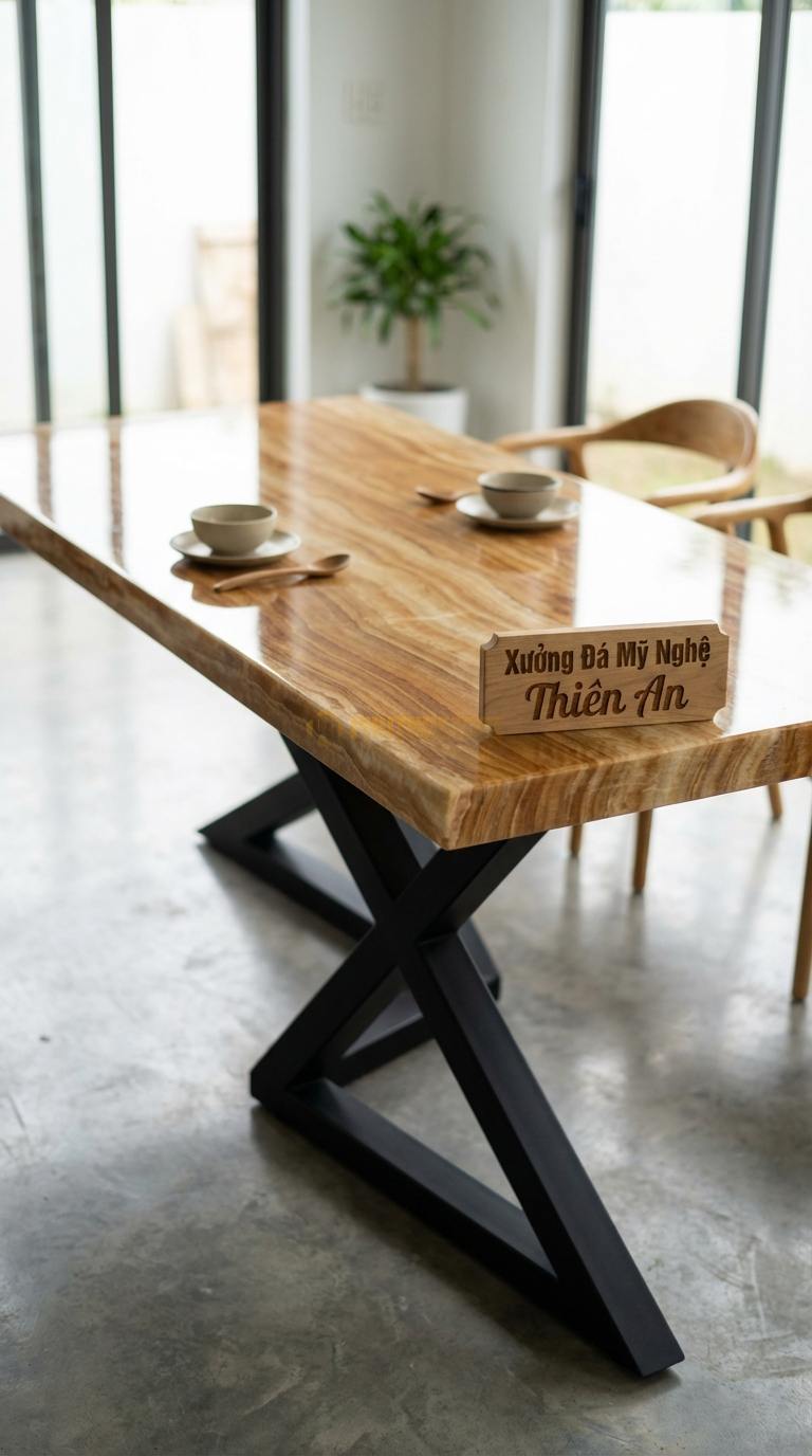 Bàn Ăn Mặt Đá Tinh Tế Đá Vân Gỗ Chân X Hiện Đại: Mặt đá trắng mờ, chân sắt hộp chữ X 160cm x 90cm x 75cm