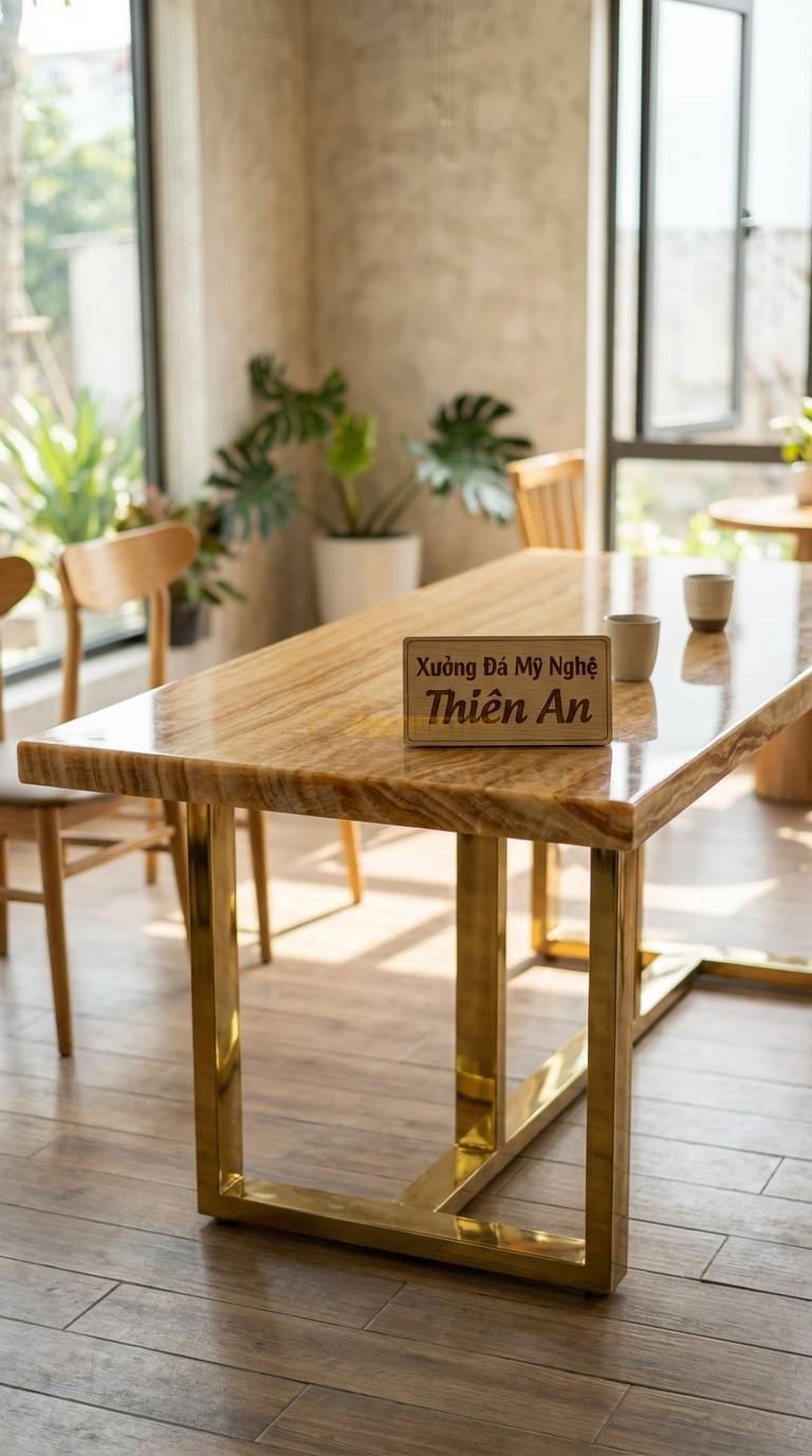 Bàn Ăn Mặt Đá Tinh Tế Đá Vân Gỗ Hoàng Gia: Mặt hình chữ nhật, chân inox mạ vàng gương 180cm x 90cm x 75cm