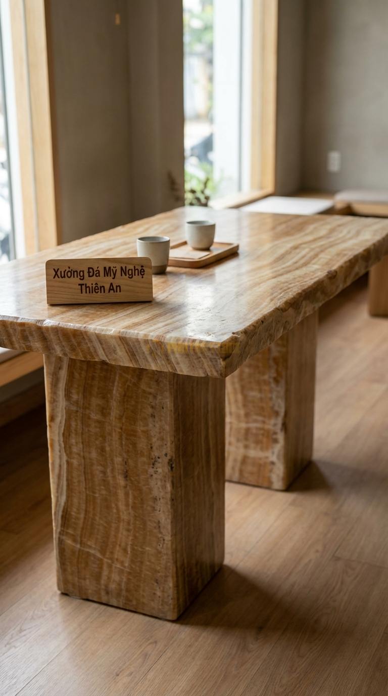 Bàn Ăn Mặt Đá Tinh Tế Đá Vân Gỗ Minism: Mặt đá siêu mỏng kết hợp khung nhôm thanh mảnh 140cm x 80cm x 75cm
