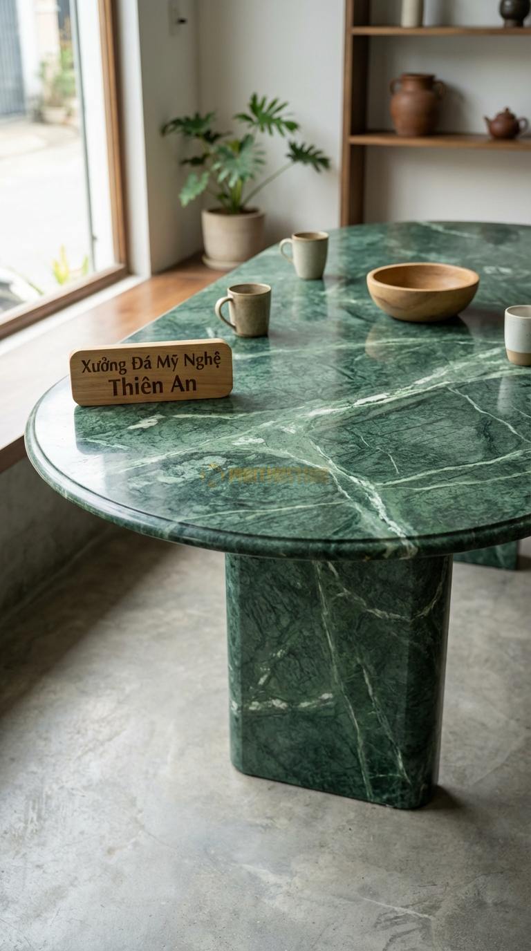 Bàn Ăn Mặt Đá Tinh Tế Đá Xanh Ấn Bàn Ăn Oval: Dáng hình bầu dục giúp tối ưu không gian 160cm x 85cm x 75cm