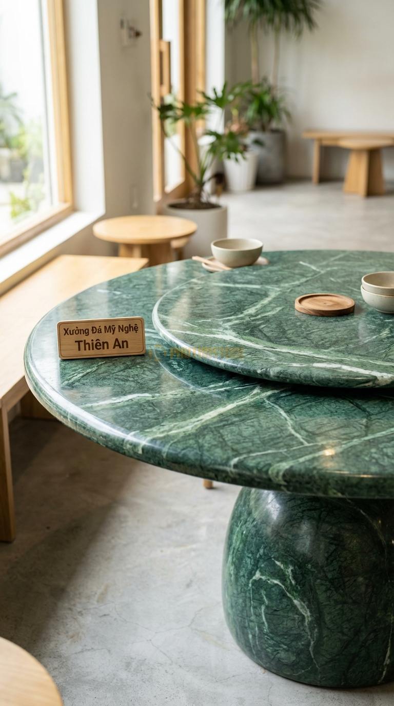 Bàn Ăn Mặt Đá Tinh Tế Đá Xanh Ấn Gia Đình Sung Túc: Mặt bàn tròn xoay hai tầng đá ĐK tầng chính 130cm x Cao 75cm