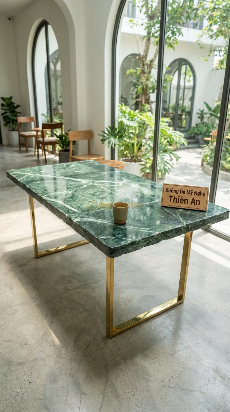 Bàn Ăn Mặt Đá Tinh Tế Đá Xanh Ấn Hoàng Gia: Mặt hình chữ nhật, chân inox mạ vàng gương 180cm x 90cm x 75cm