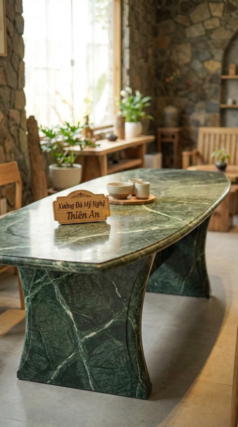 Bàn Ăn Mặt Đá Tinh Tế Đá Xanh Ấn Thuyền Rồng: Mặt bàn thuôn dài, chân bàn uốn cong điêu khắc 240cm x 110cm x 75cm