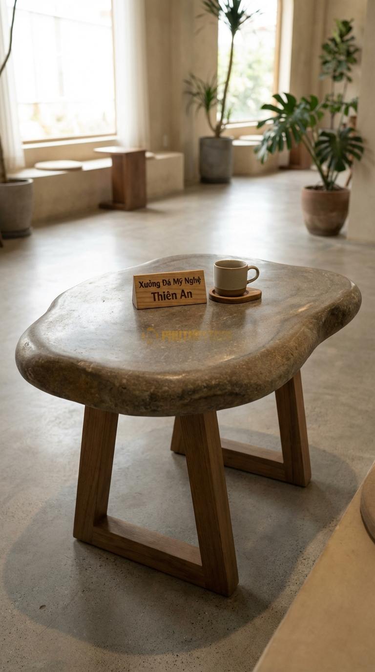 Bàn Cafe Đá Decor & Bistro Đá Cuội Bàn Cafe Chân V: Mặt đá hình chữ nhật bo góc, chân gỗ chữ V 60cm x 80cm x Cao 75cm