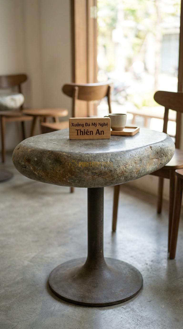 Bàn Cafe Đá Decor & Bistro Đá Cuội Bistro Classic: Mặt tròn tối giản, chân trụ sắt đúc Đường kính 60cm x Cao 75cm