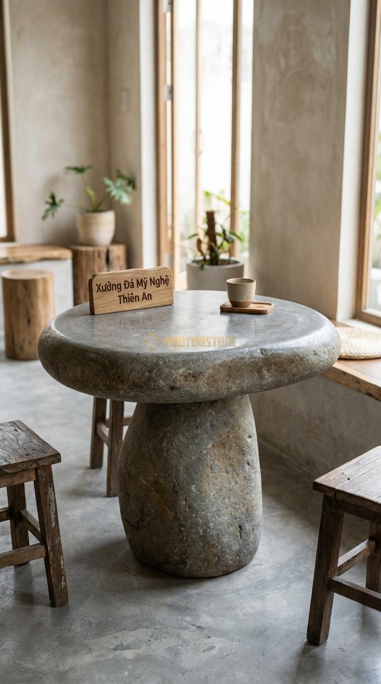 Bàn Cafe Đá Decor & Bistro Đá Cuội Đá Cuội Tròn: Mặt bàn mô phỏng viên đá cuội tự nhiên Đường kính 65cm x Cao 55cm