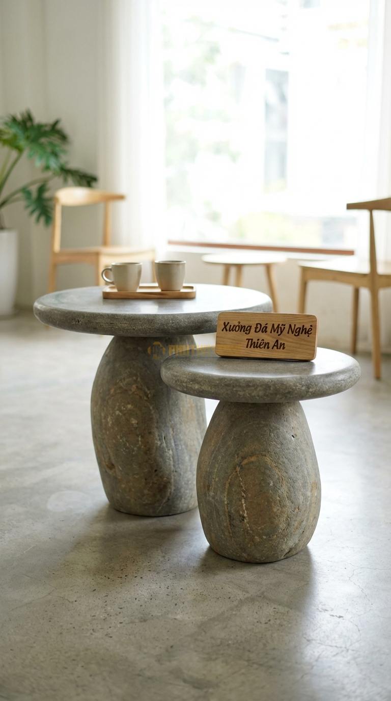Bàn Cafe Đá Decor & Bistro Đá Cuội Đôi Bạn: Bộ 2 bàn đá cao thấp lồng vào nhau ĐK 40cm/50cm x Cao 45/55cm