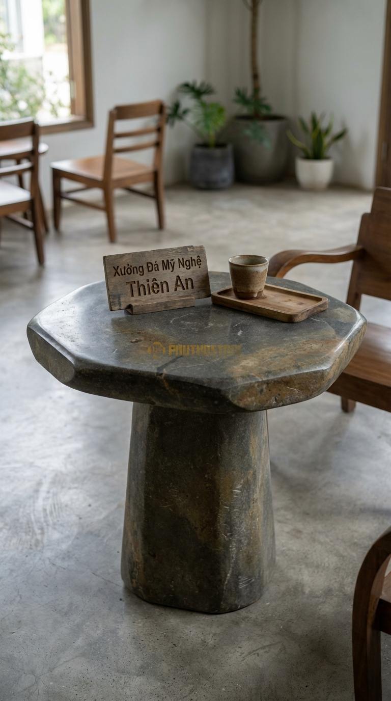 Bàn Cafe Đá Decor & Bistro Đá Cuội Lục Giác Thạch: Mặt bàn cắt hình lục giác, cạnh mài vát Đường kính 55cm x Cao 60cm