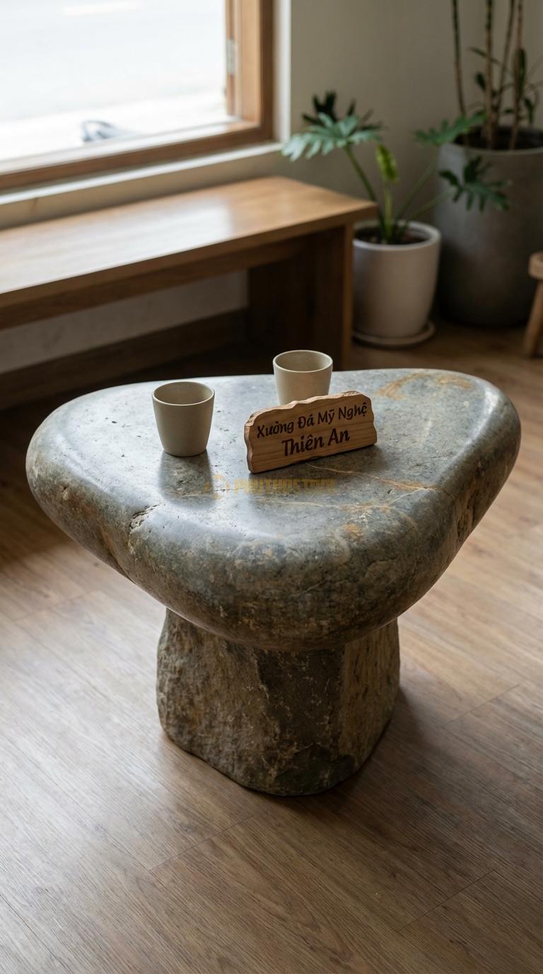 Bàn Cafe Đá Decor & Bistro Đá Cuội Tam Giác Bo: Mặt bàn hình tam giác cân bo tròn 3 góc Cạnh 60cm x Cao 75cm