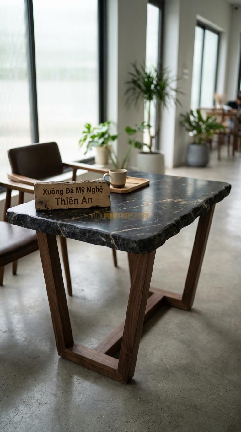 Bàn Cafe Đá Decor & Bistro Đá Đen Chỉ Nâu Bàn Cafe Chân V: Mặt đá hình chữ nhật bo góc, chân gỗ chữ V 60cm x 80cm x Cao 75cm