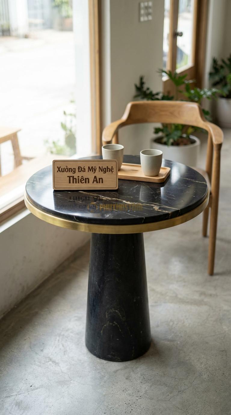 Bàn Cafe Đá Decor & Bistro Đá Đen Chỉ Nâu Bàn Cafe Viền Đồng: Mặt đá mài bóng, nẹp viền đồng xung quanh Đường kính 60cm x Cao 75cm