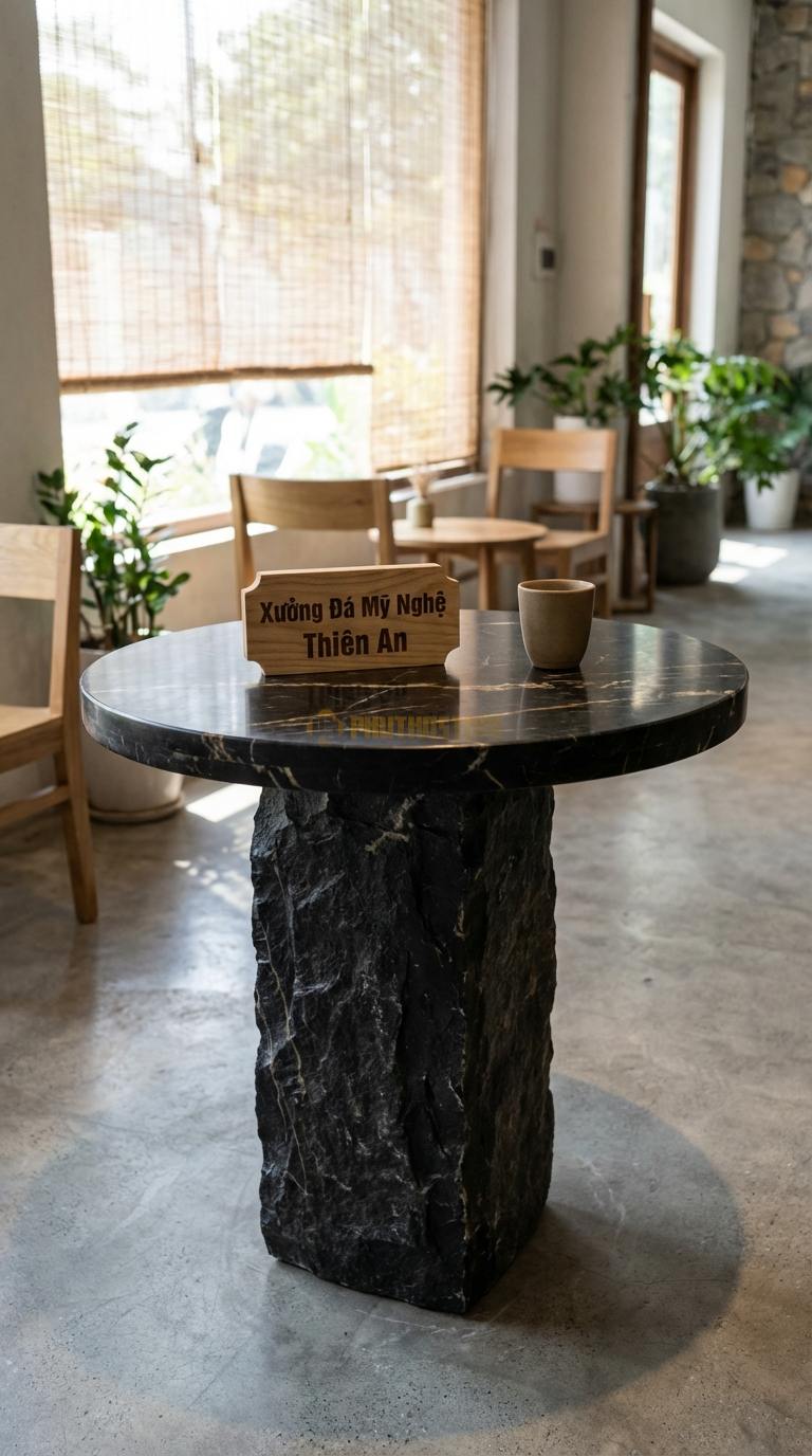 Bàn Cafe Đá Decor & Bistro Đá Đen Chỉ Nâu Trụ Đá Thô: Chân bàn là khối đá tự nhiên, mặt đá tròn Đường kính 55cm x Cao 60cm