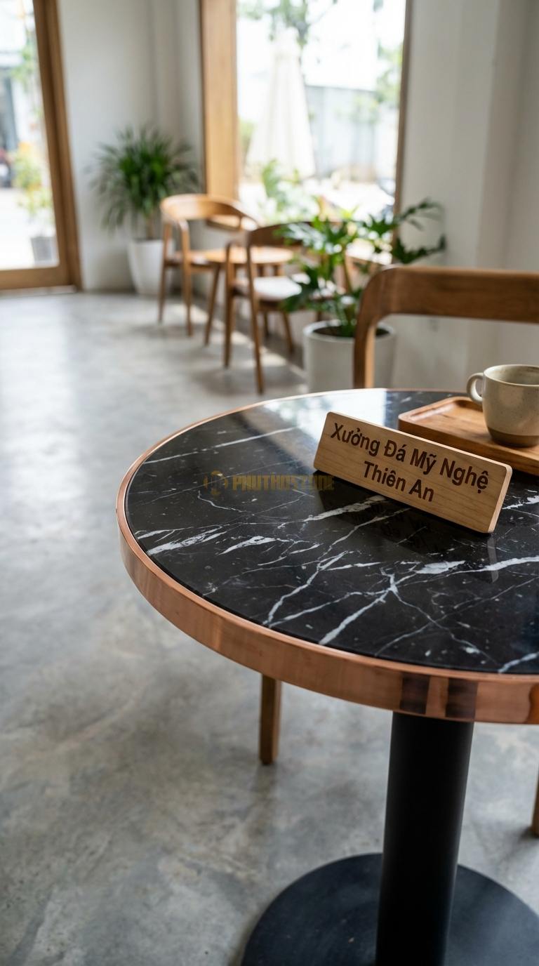 Bàn Cafe Đá Decor & Bistro Đá Đen Tia Chớp Bàn Cafe Viền Đồng: Mặt đá mài bóng, nẹp viền đồng xung quanh Đường kính 60cm x Cao 75cm
