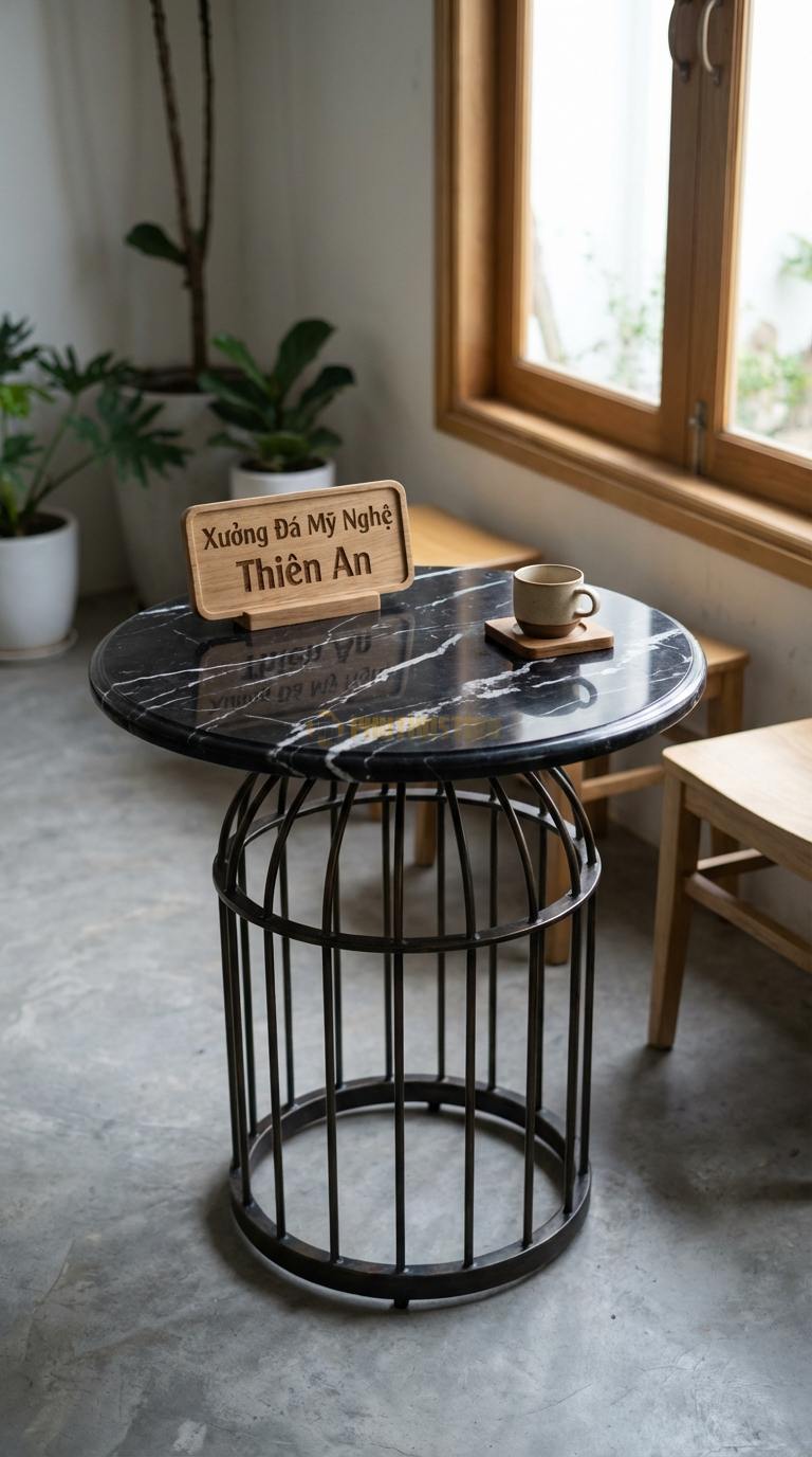 Bàn Cafe Đá Decor & Bistro Đá Đen Tia Chớp Bàn Lồng Chim: Mặt đá tròn gắn trên khung sắt nghệ thuật Đường kính 50cm x Cao 65cm